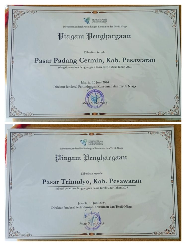 Kabupaten Pesawaran Raih Penghargaan Pasar Tertib Ukur dari Kementerian Perdagangan Direktorat Jenderal Perlindungan Konsumen dan Tertib Niaga